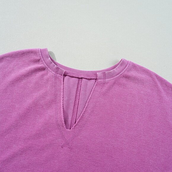 Bright Pink Solid Color Notched Neck Drop Shoulder Sweatshirt - Picture 7 of 11